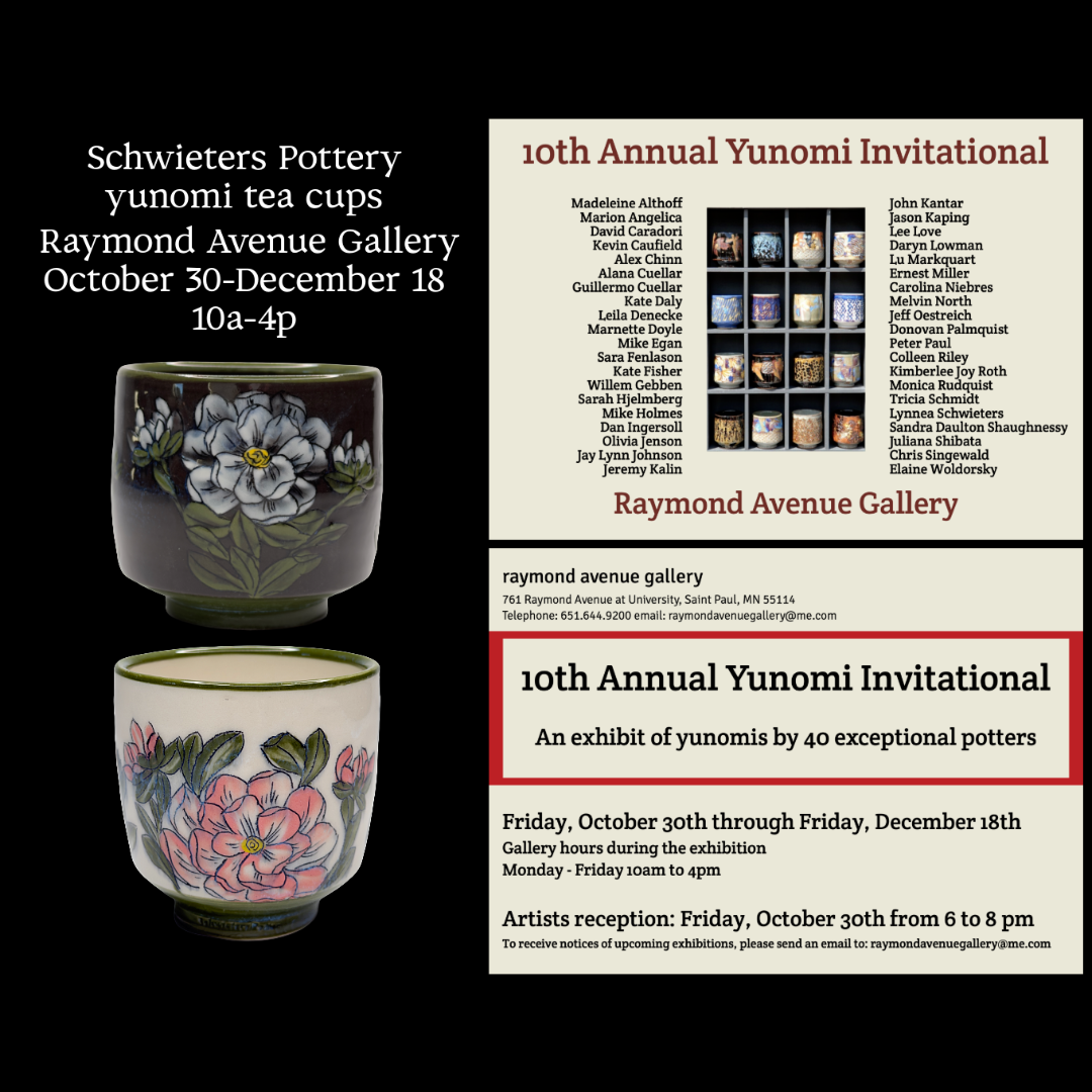 Postcard for the 10th Annual Yunomi Invitational art exhibition at Raymond Avenue Gallery featuring a grid of colorful handcrafted ceramic cups and a list of artists' names.