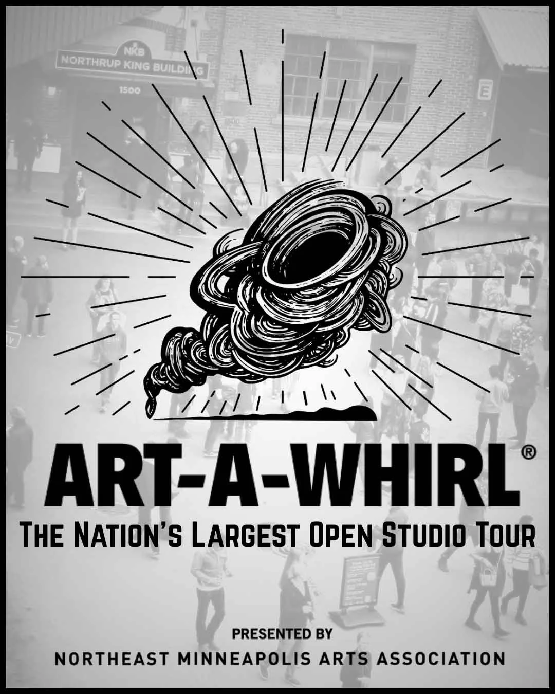 Poster with a large abstract spiral sculpture illuminated by purple and blue light, promoting the NE MAA Art-A-Whirl event from May 16 to 18, 2025, celebrating 30 years.