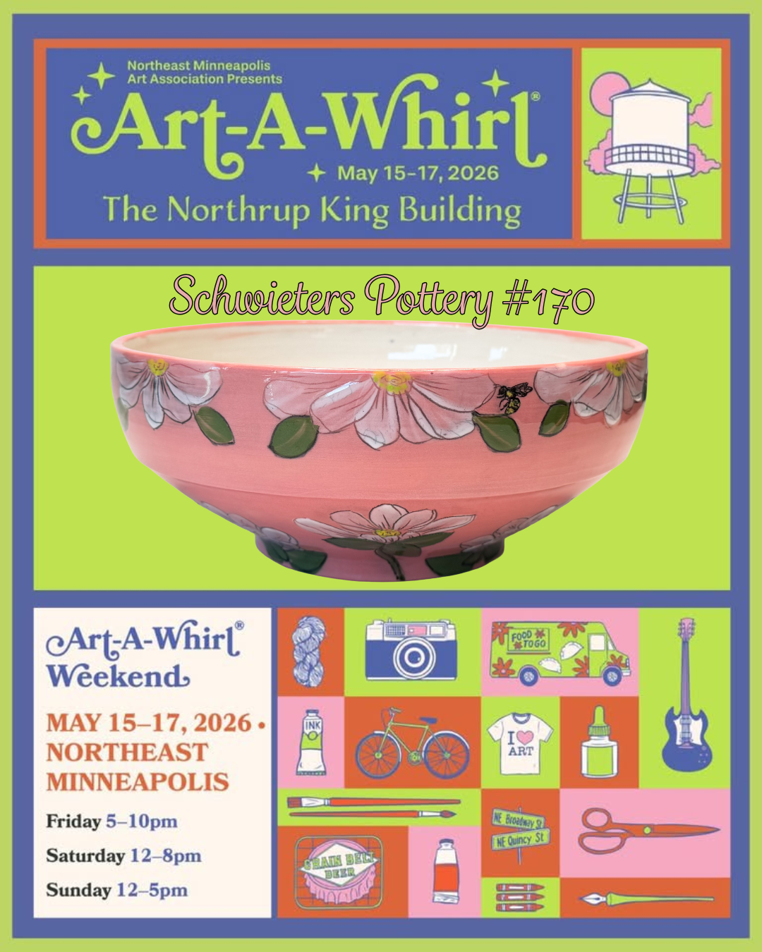 Poster with a large abstract spiral sculpture illuminated by purple and blue light, promoting the NE MAA Art-A-Whirl event from May 16 to 18, 2025, celebrating 30 years.