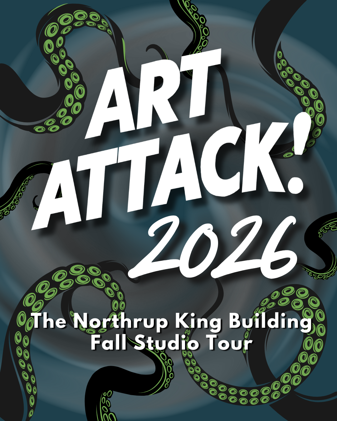 Promotional poster for Art Attack! 2025, a fall studio tour at the Northup King Building from November 14-16, featuring cartoon illustrations of various colorful, quirky crabs, including one large crab with big eyes standing on a stool, and others sketching, taking photos, or holding palettes.
