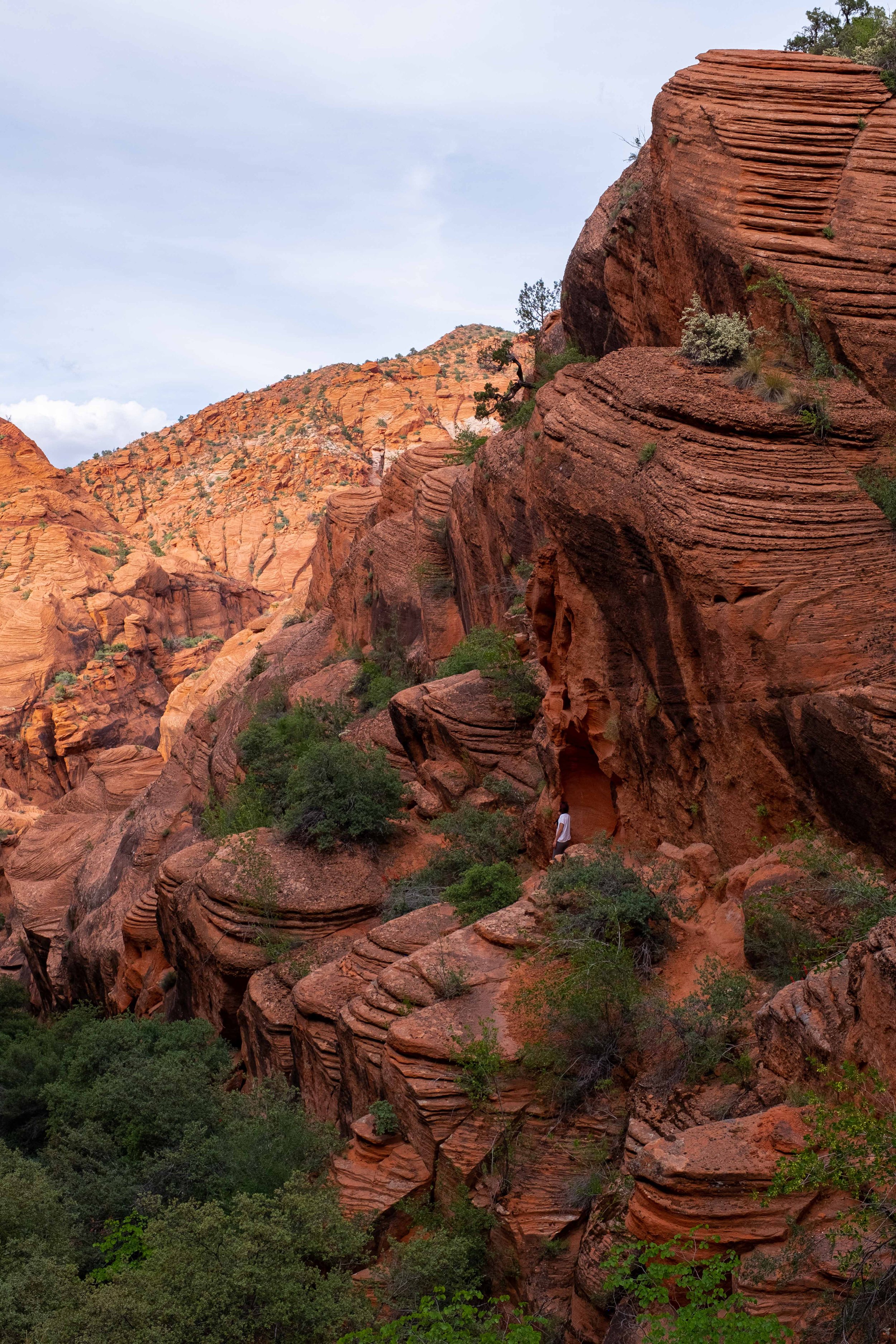 A lone woman stands on a rocky outcropping amidst stunning red rock formations along the Red Reef Trail.