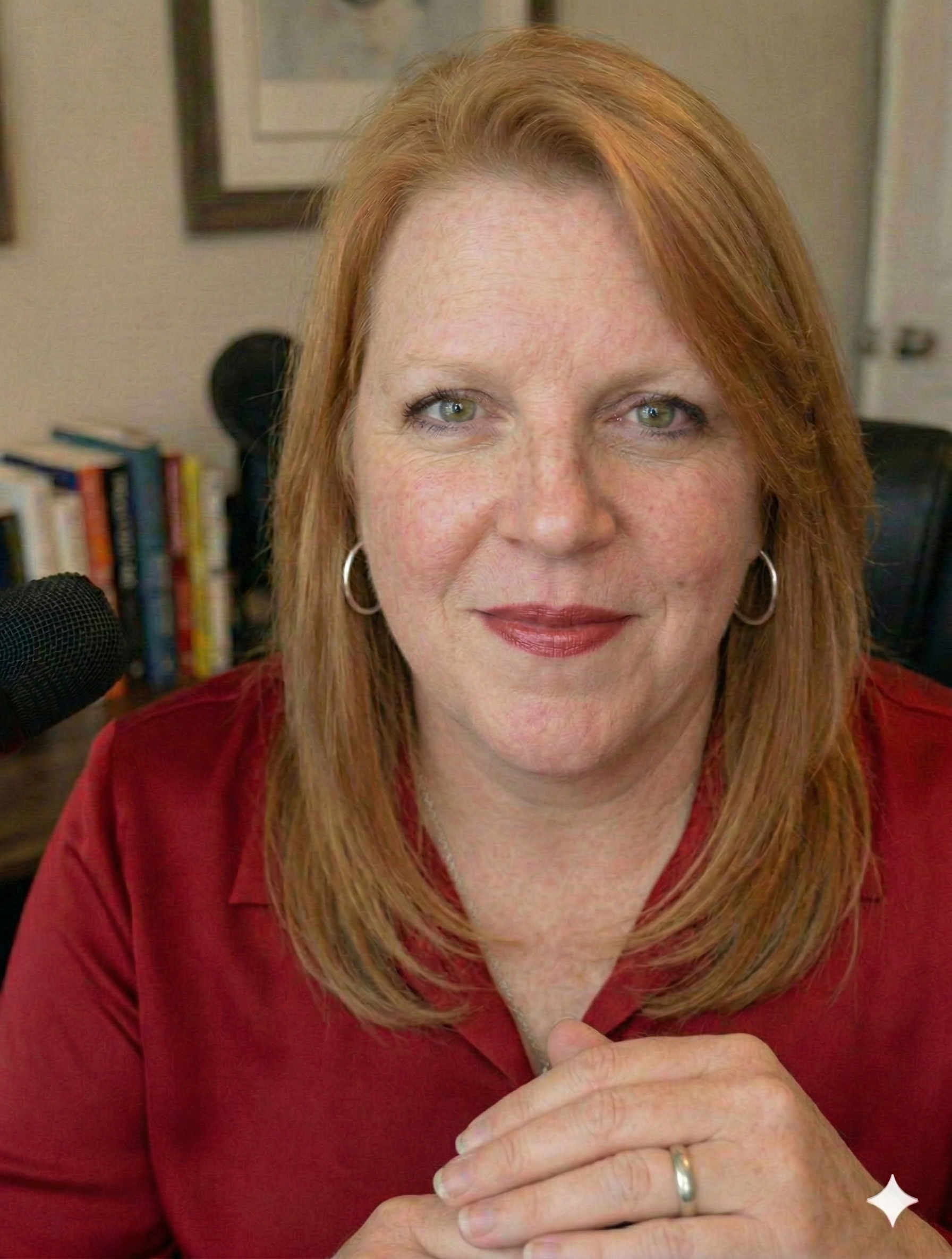 Jennie Hays, Execution Block Specialist, in red blouse