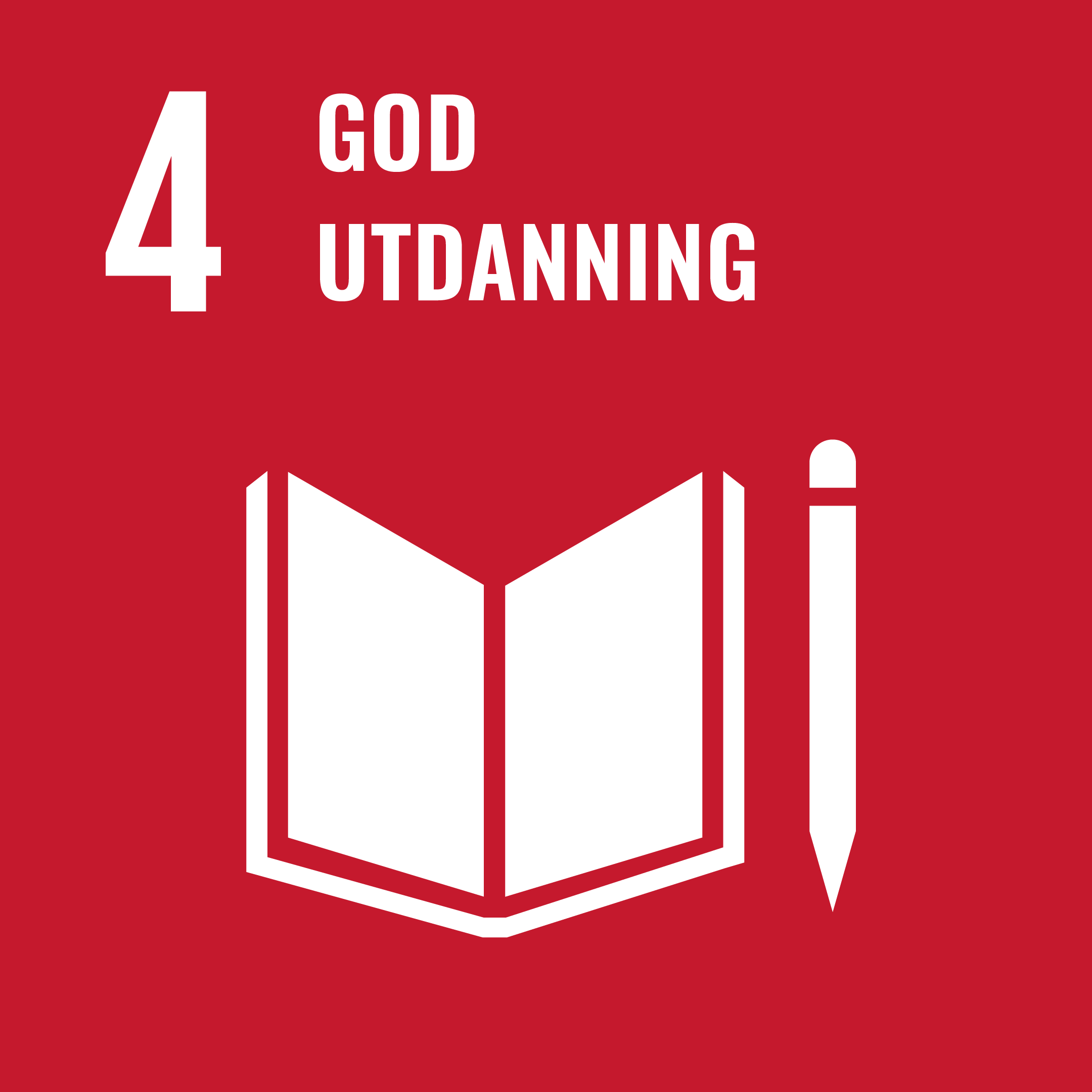 Rødt bakgrunnsbilde med hvit åpen bok i midten og tekst "4 GOD UTDANNING" på toppen