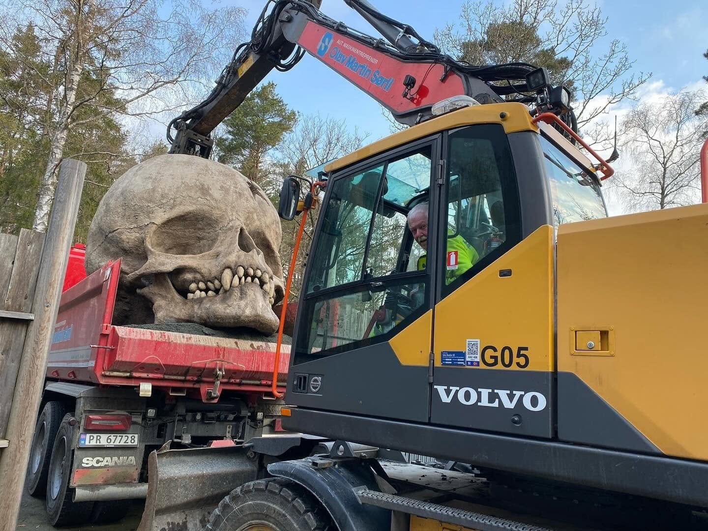 En person i en gul og svart Volvo gravemaskin med skje som holder et stort menneskes lei av en stor vikingskalle i en lastebil. Bakgrunnen har trær og en blå himmel.