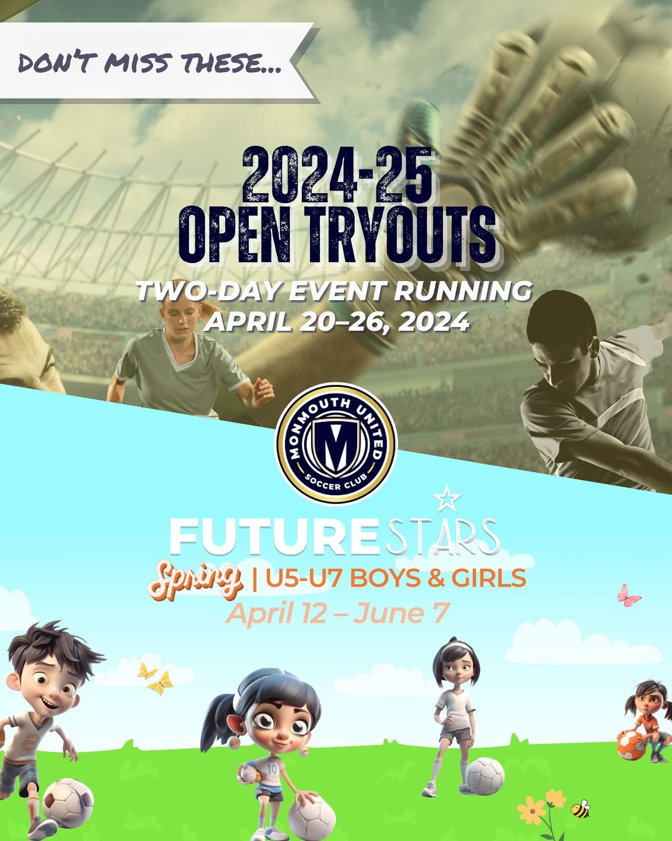 Time&rsquo;s running out!⏳ Make sure you register for 2024-25 season tryouts which begin next Saturday, 4/20!

And Future Stars&mdash;our 8-week intro to travel soccer program for U5-U7 players&mdash;begins THIS FRIDAY! Don&rsquo;t miss out on it!!

