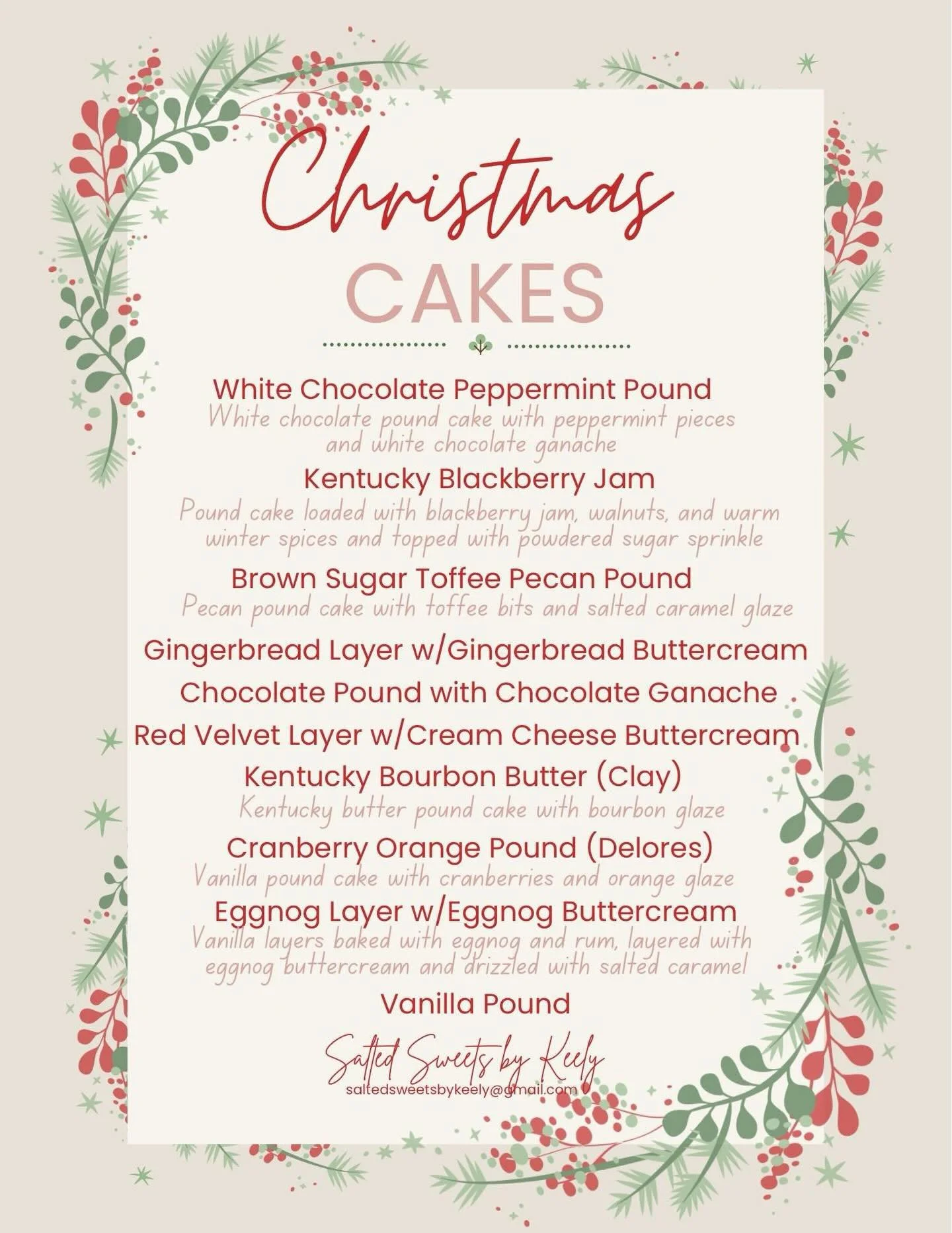It&rsquo;s December 1st so that means new cakes and cookies and everything in between!

First up&hellip;the Winter Cake Menu 🤩

All cakes are baked to order with the best ingredients including organic unbleached and non-enriched wheat flour, organic