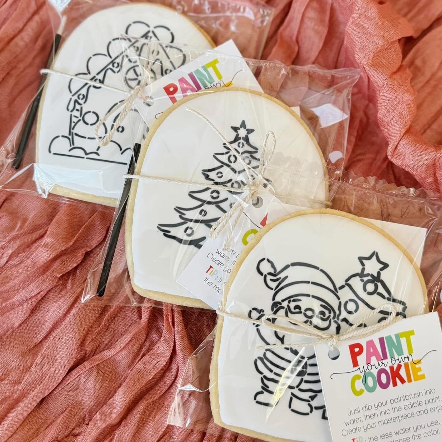 PYO (paint your own) Cookie Kits are here for the holidays!! 

Includes one cookie, a paint brush, and an edible food safe paint palette for your decorating fun!

Order yours for stocking stuffers, fun kids/adult crafts, party favors&hellip;whatever 