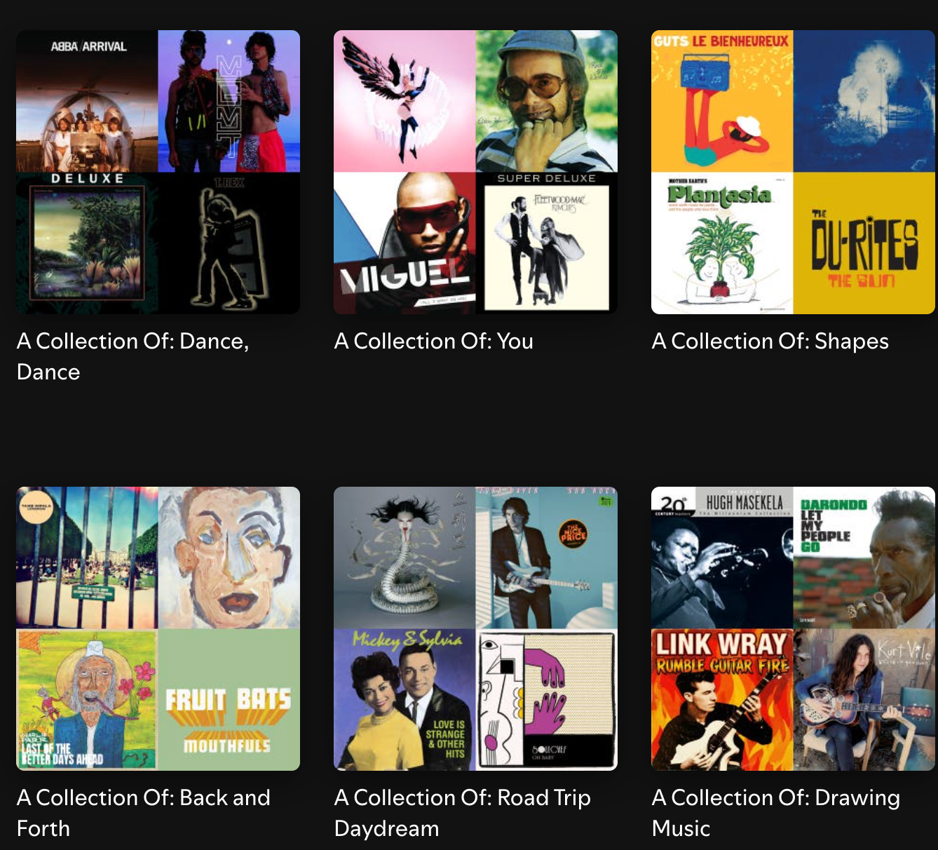 Screenshot of a music library interface displaying collections of album covers categorized as Dance, You, Shapes, Back and Forth, Road Trip Daydream, and Drawing Music.