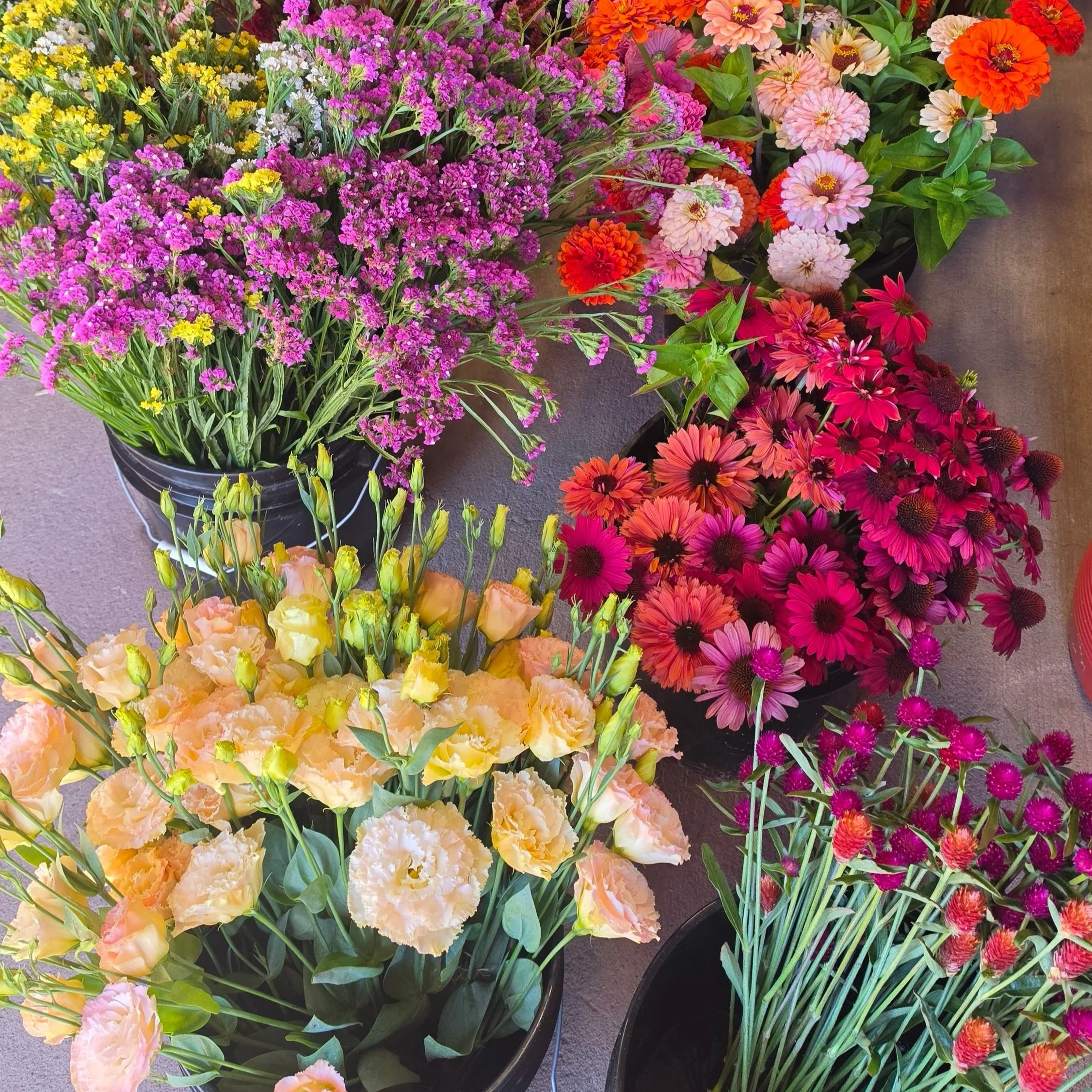 A colorful bouquet of various flowers including yellow, purple, pink, and white blooms.