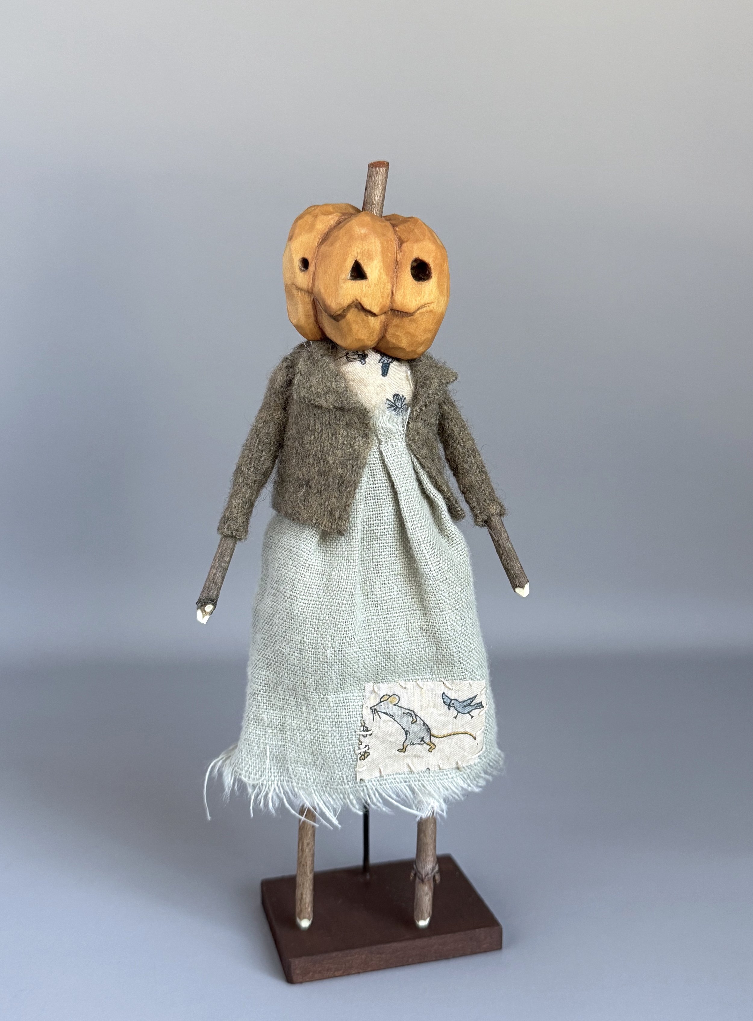 pumpkin moonshine doll wood, mixed media on stand 6