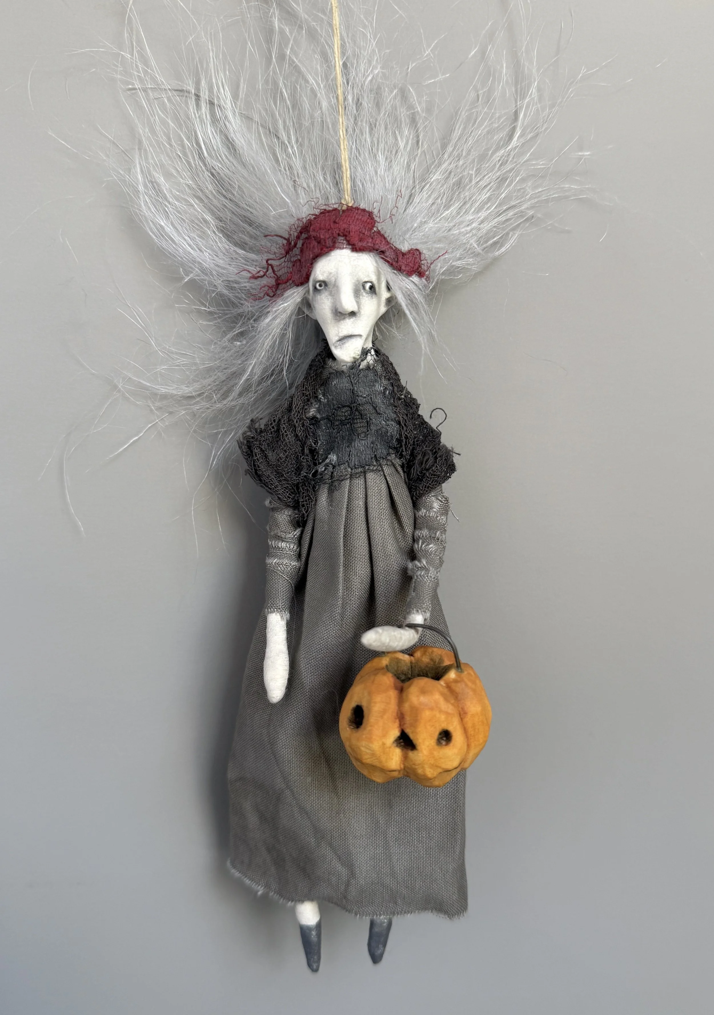 Halloween witch doll ornament wood carved jackolantern 4