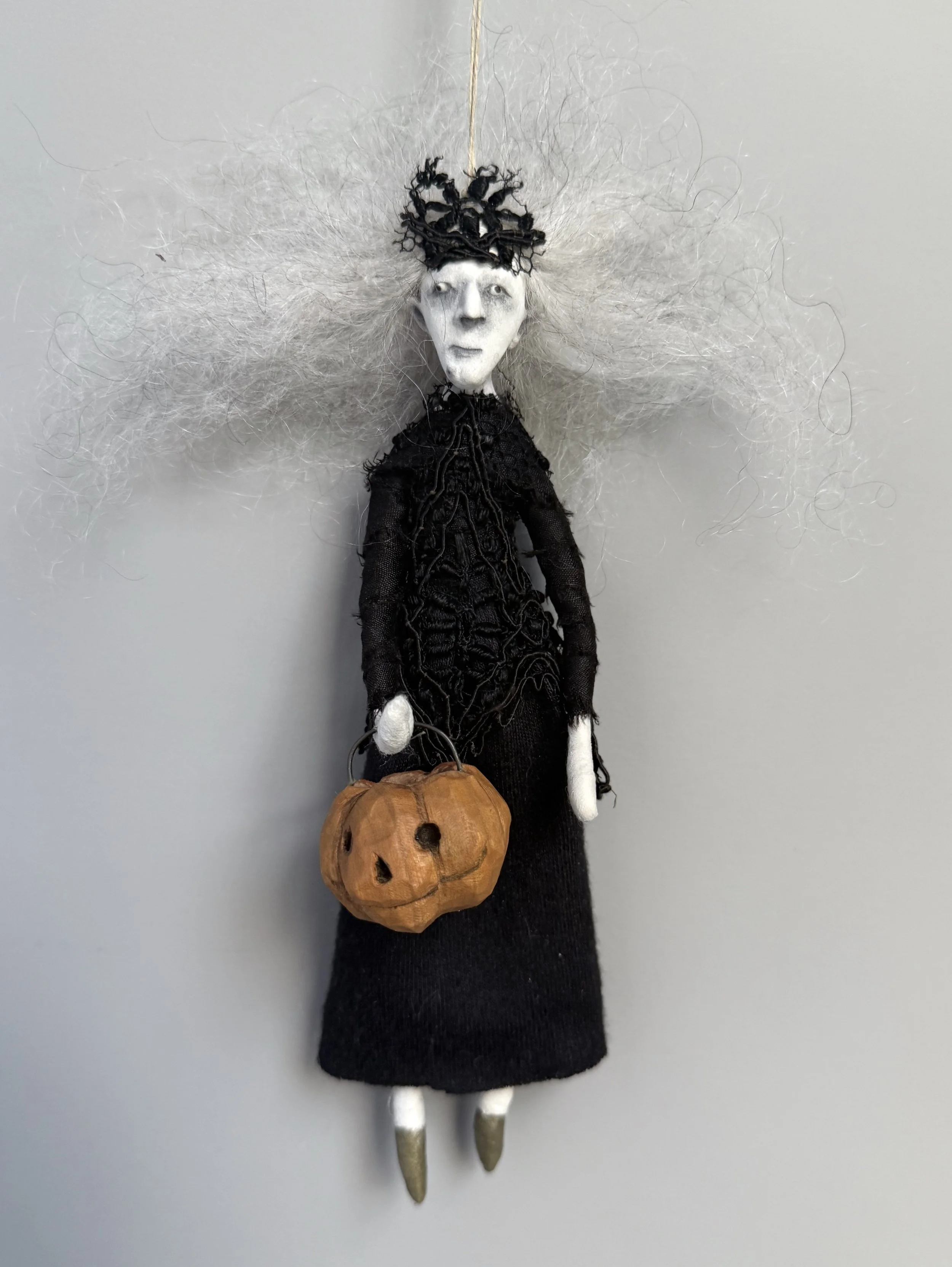 Halloween witch doll ornament wood carved jackolantern 5