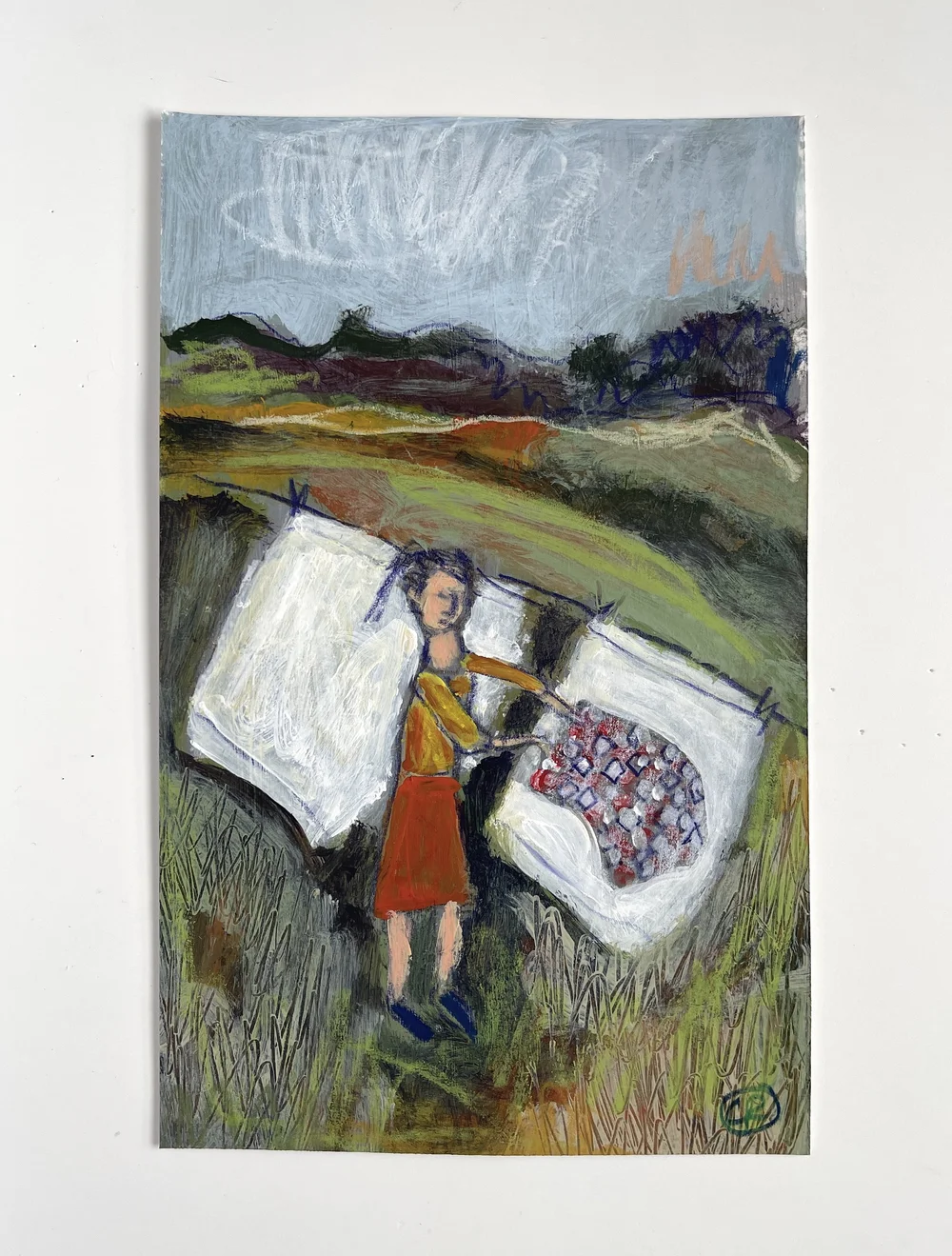 folk art painting laundry line figure in landscape — Cindy