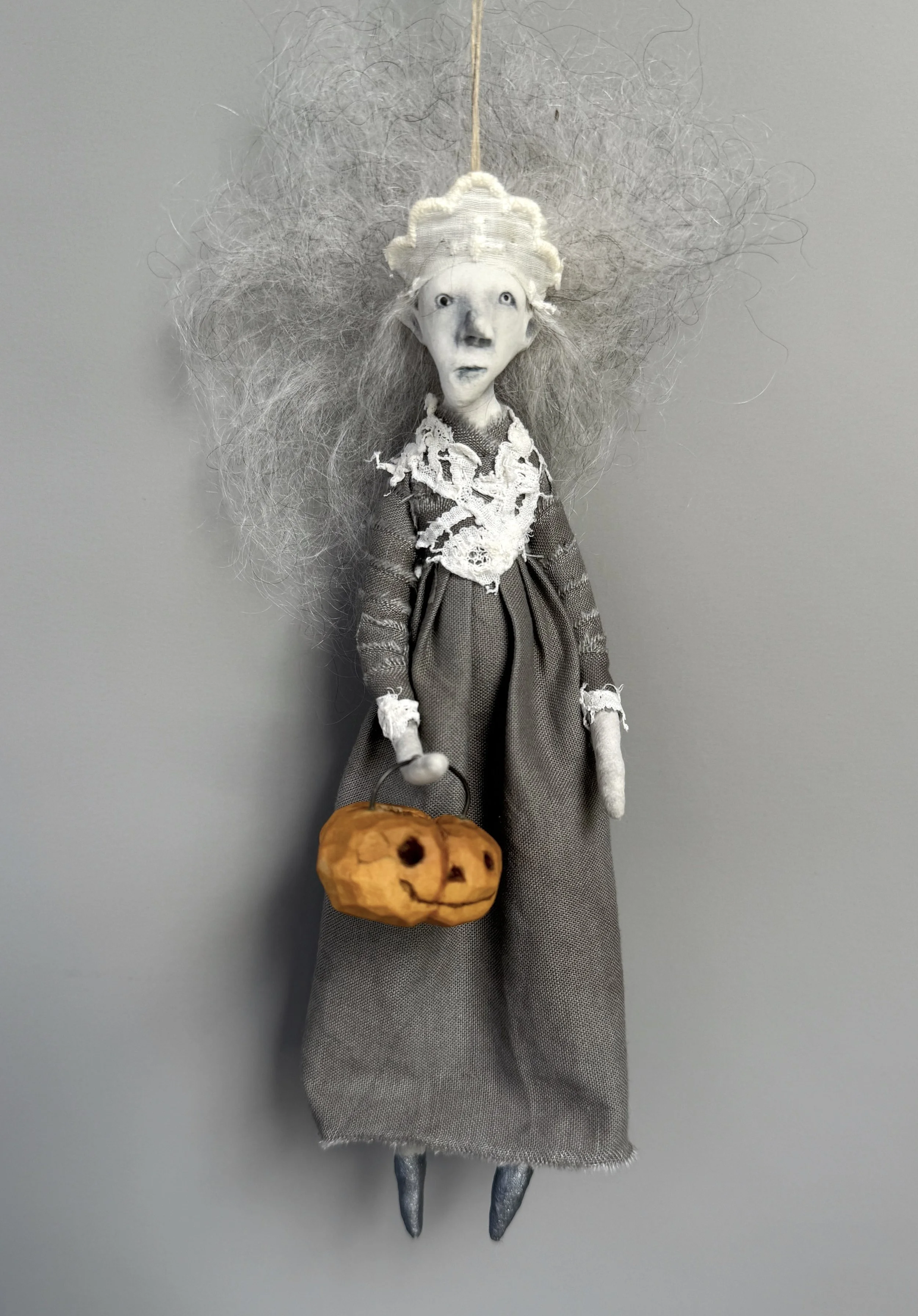 Halloween witch doll ornament wood carved jackolantern 6