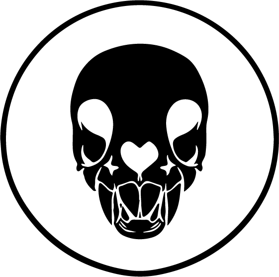 Black and white graphic of a stylized dog face with heart-shaped nose and artistic facial features.