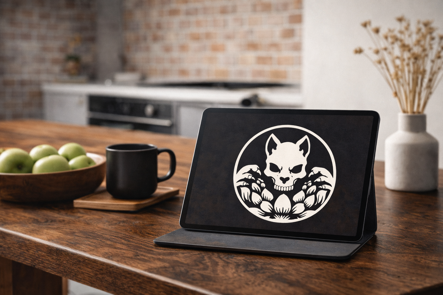 Tablet with a black-and-white logo of a fierce-looking feline face, surrounded by floral elements, placed on a wooden table next to a black mug, a bowl of green apples, and a white vase with dried flowers, in a modern kitchen.