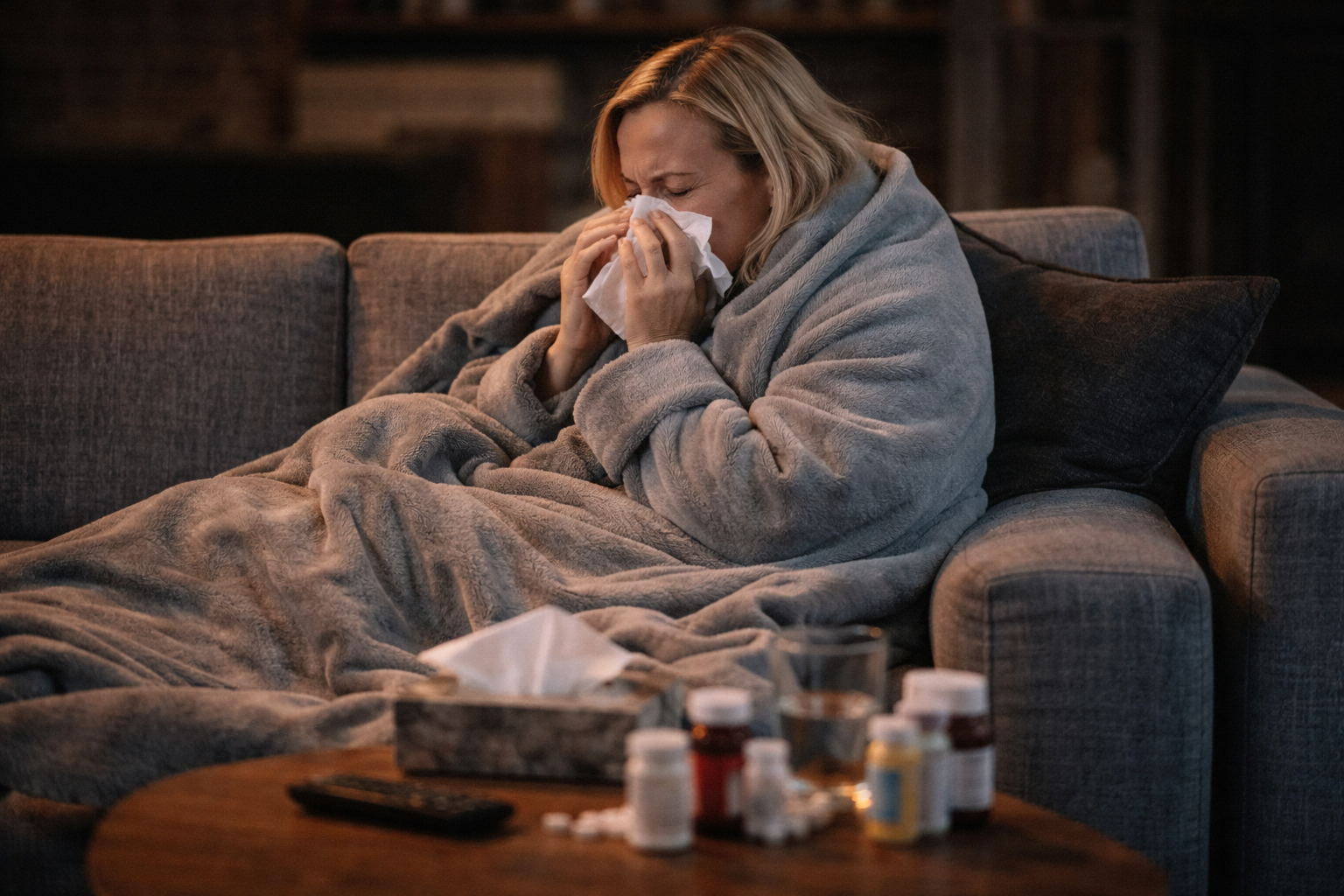 A woman sitting on a gray couch, wrapped in a blanket, is holding tissues to her face and appears to be sick. There are medicine bottles on a wooden table in front of her.