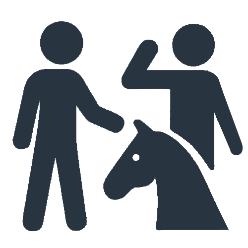 Icon of two people with one on horseback and the other raising a hand, representing a horseback riding activity or lesson.