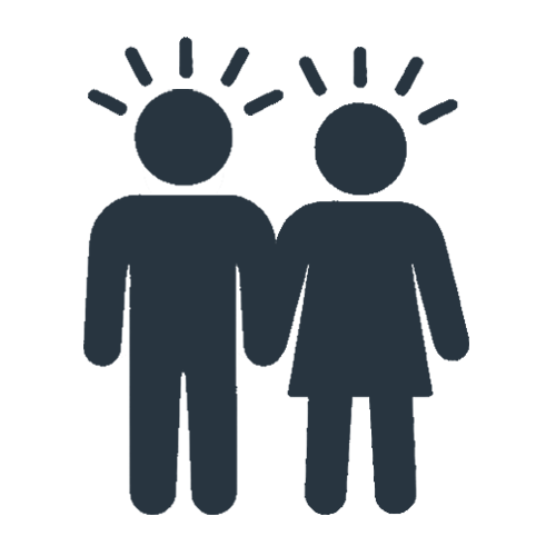 Two simplified human figures holding hands with lines above their heads indicating thinking or ideas.