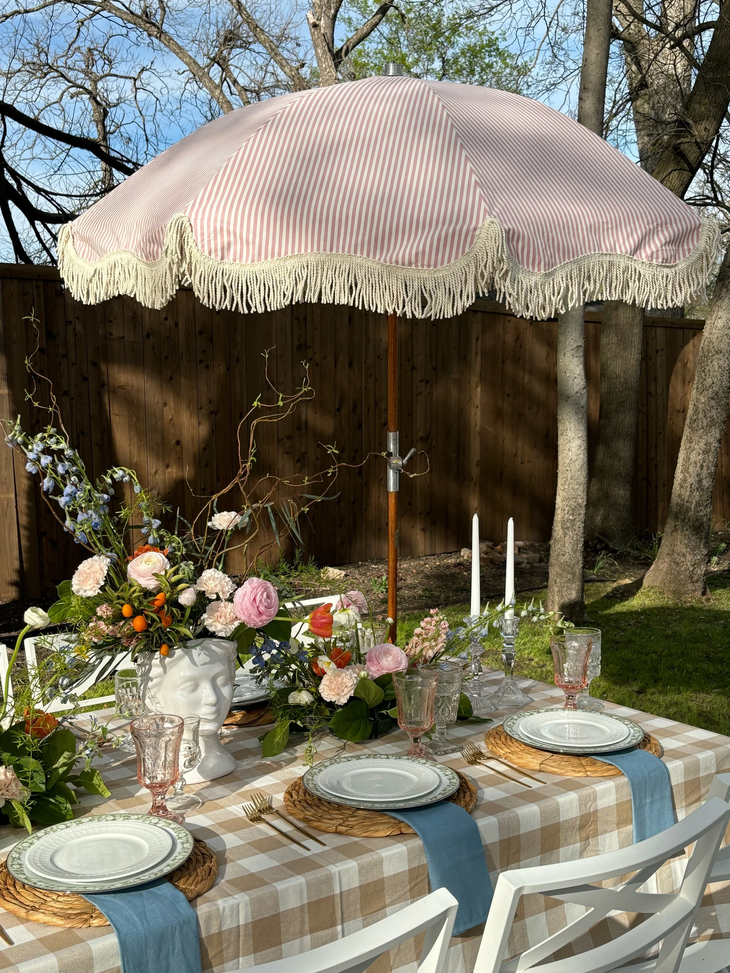 Pink Stripe Fringe Umbrella