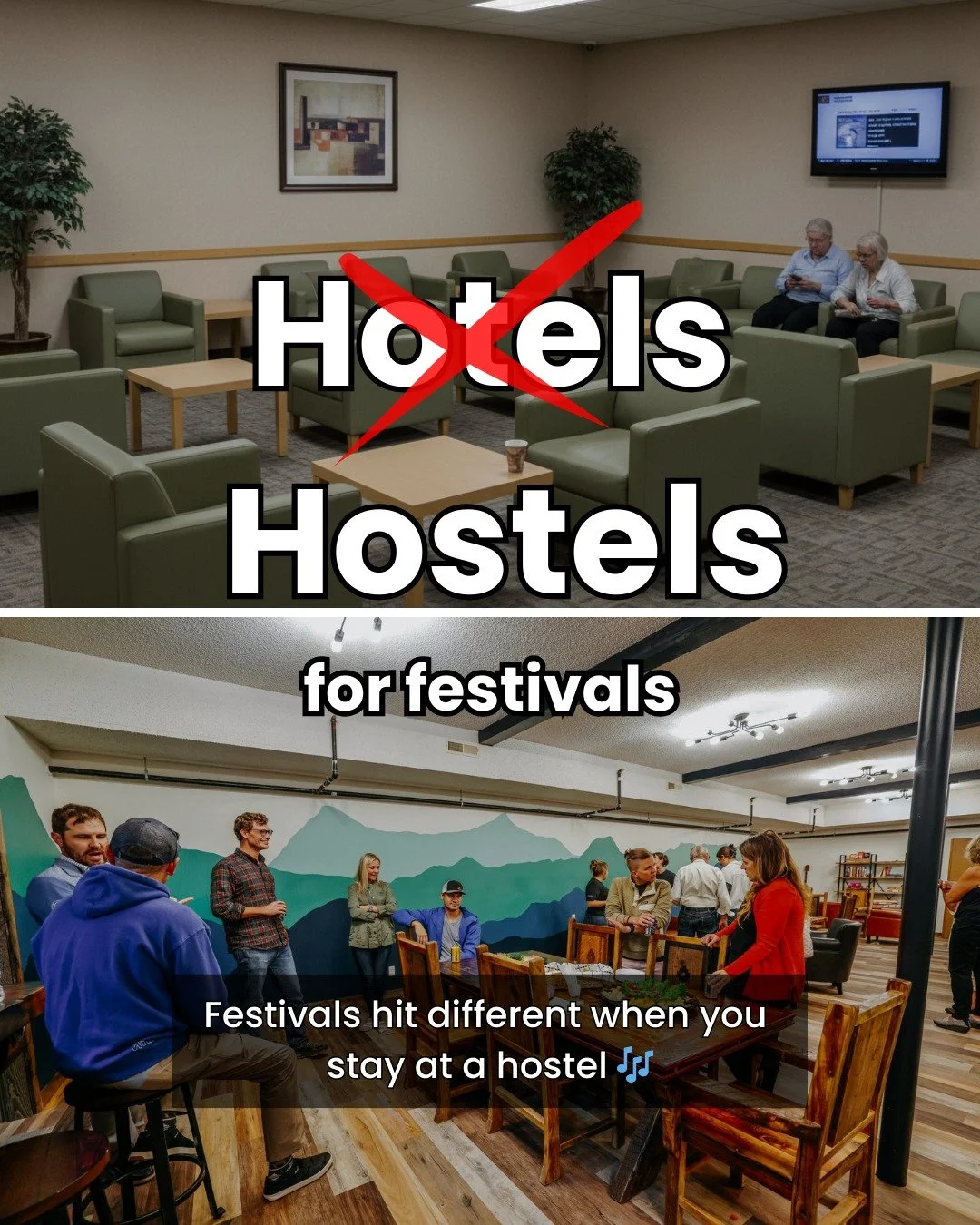 Festivals + hostels just make sense 🎶

Why stay somewhere boring when the fun starts where you sleep?
Instant festival friends, everyone on the same vibe, and way more budget left for merch + drinks.

Add real beds, hot showers, and a proper recover