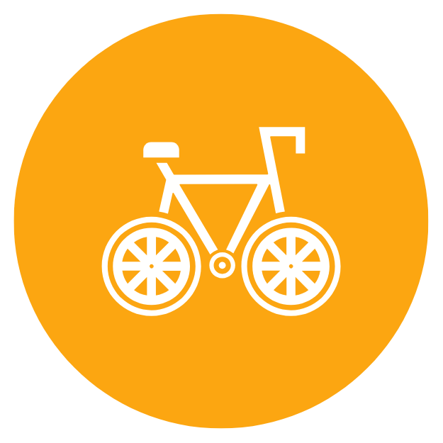 Icon of a bicycle in white on an orange circular background.