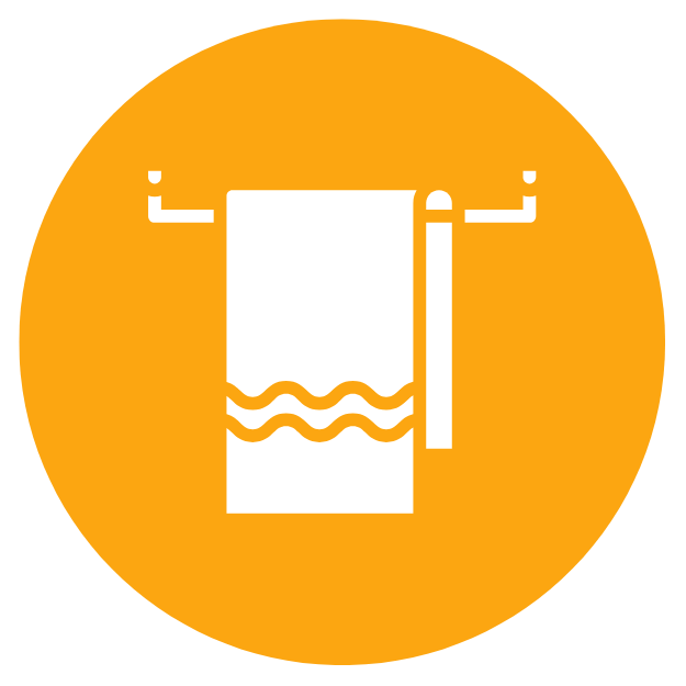 Icon of a towel hanging on a wall with wavy lines, on an orange circular background.