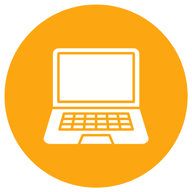 Icon of a laptop computer with a keyboard and screen on an orange circular background.