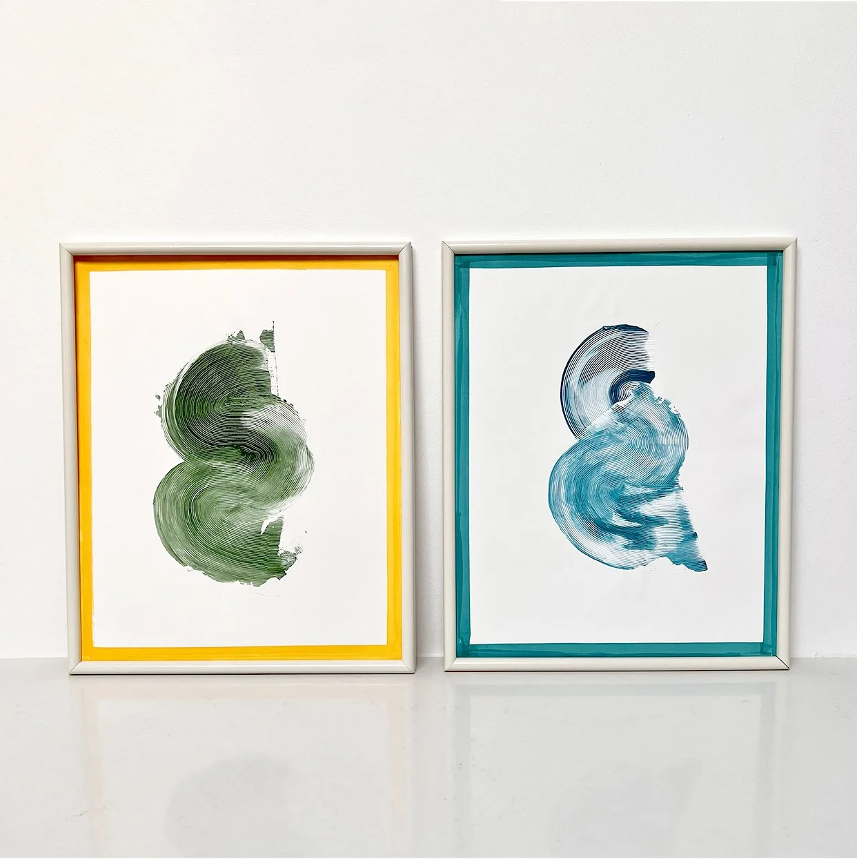 Les Deux, vert et bleu, Dyptique, Acrylique sur sur papier fin martelé, Acrylic on fine hammer beaten paper, 2x (52 x 42 cm / 20,5" × 16,5")