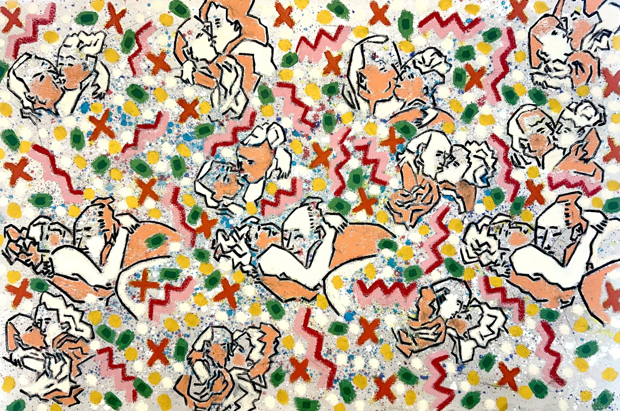 Je vous ai apporté des bonbons, Série Que Alegria 1993, Acrylique et bâtonnets d’huile sur toile, 94 cm x 137 cm, CAD 5,000 $