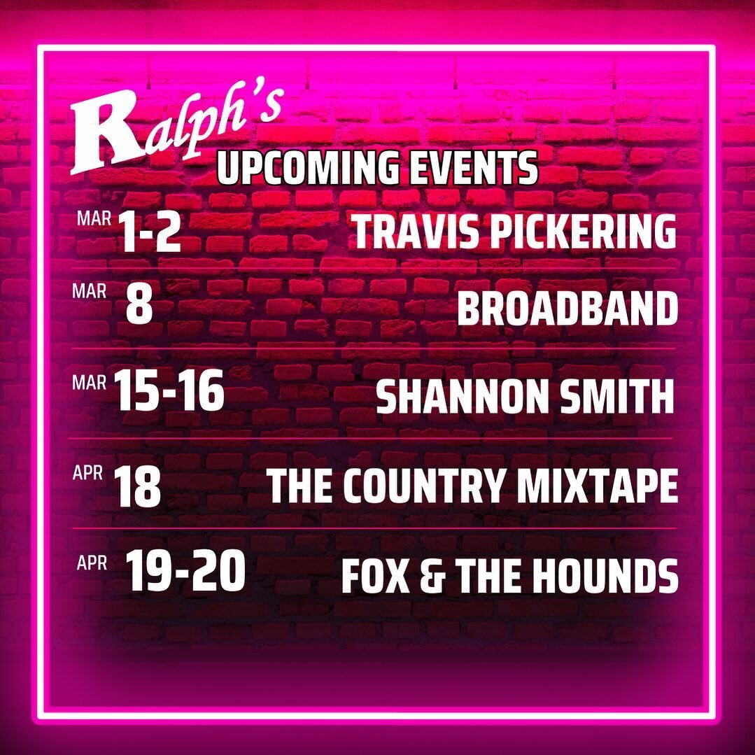 What&rsquo;s happening at #Ralphs ⁉️

This weekend we have @travispickeringmusic coming to the Ralph&rsquo;s stage! 

March 8th - the first month of our LOCAL BAND SERIES! Broadband is coming back to Ralph&rsquo;s and we couldn&rsquo;t be more excite