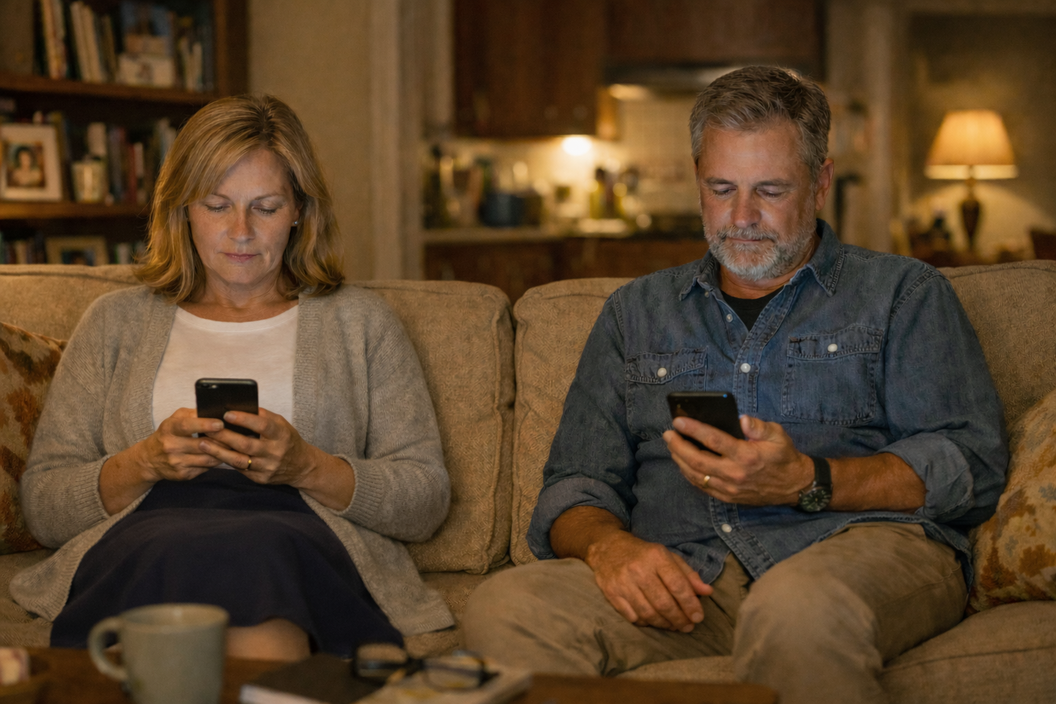 A middle-aged woman and man sitting on a beige couch in a cozy living room, each looking at their smartphones.