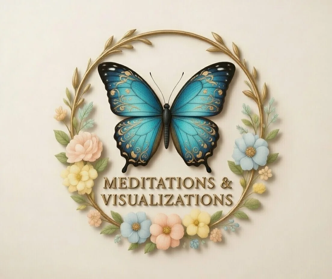 Decorative sign with a blue butterfly, floral wreath, and gold lettering that reads 'Meditations & Visualizations'.