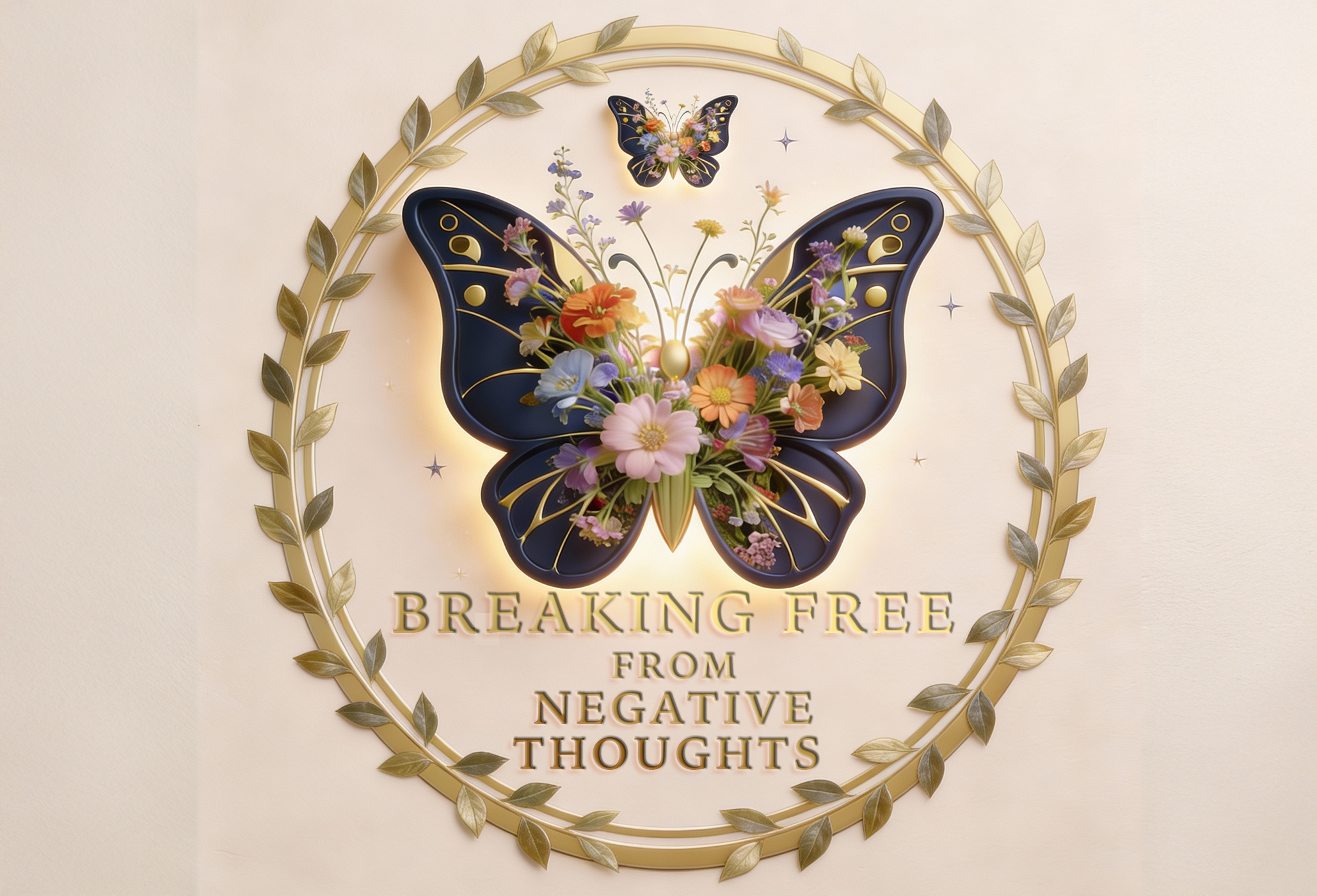 Decorative wall art featuring a butterfly with flowers, surrounded by a circular gold frame with leaf accents and the phrase 'Breaking Free from Negative Thoughts' in gold lettering.