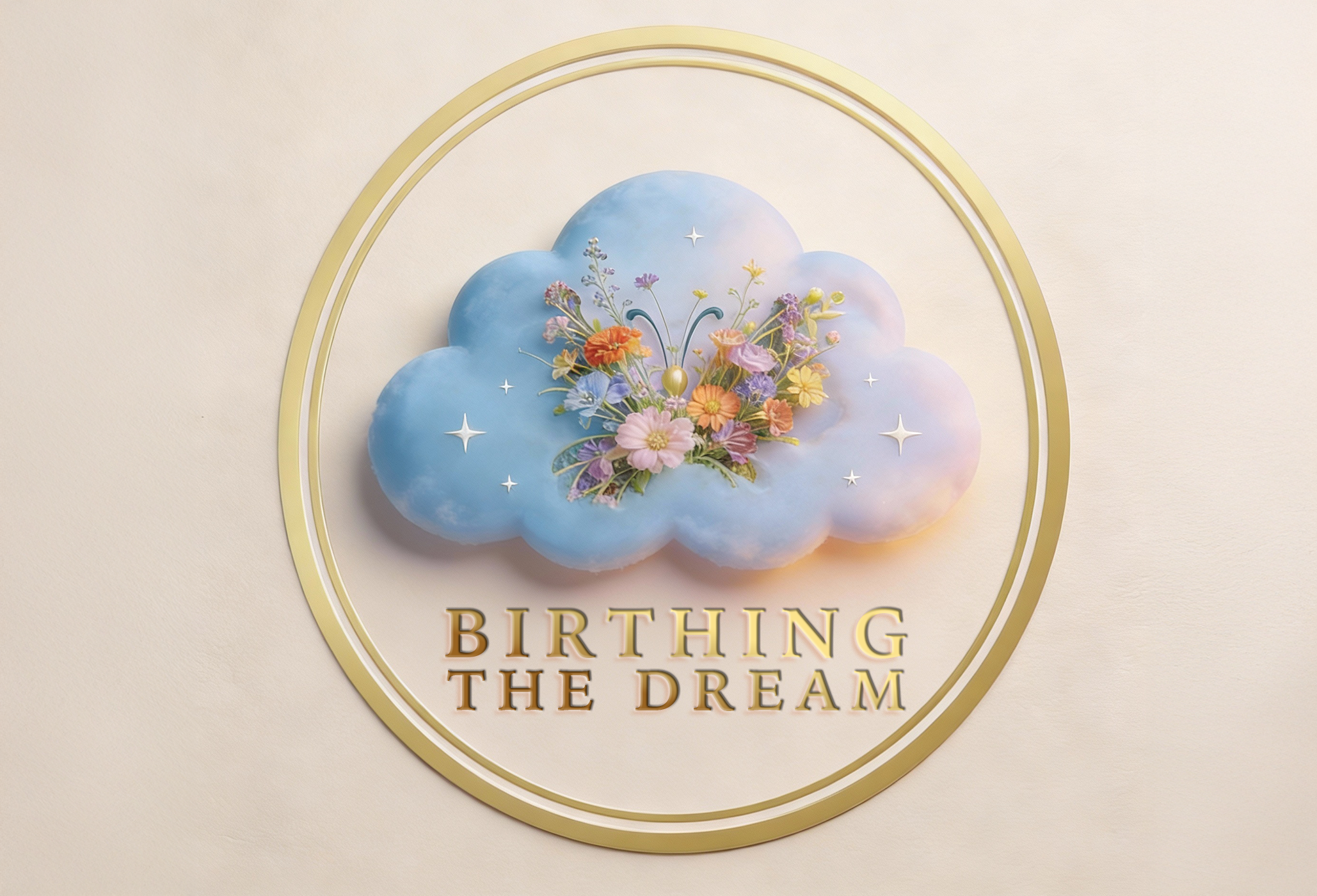 Wall art featuring a cloud with flowers and a butterfly, with the text 'Birthing the Dream' below, enclosed in a gold circular frame.