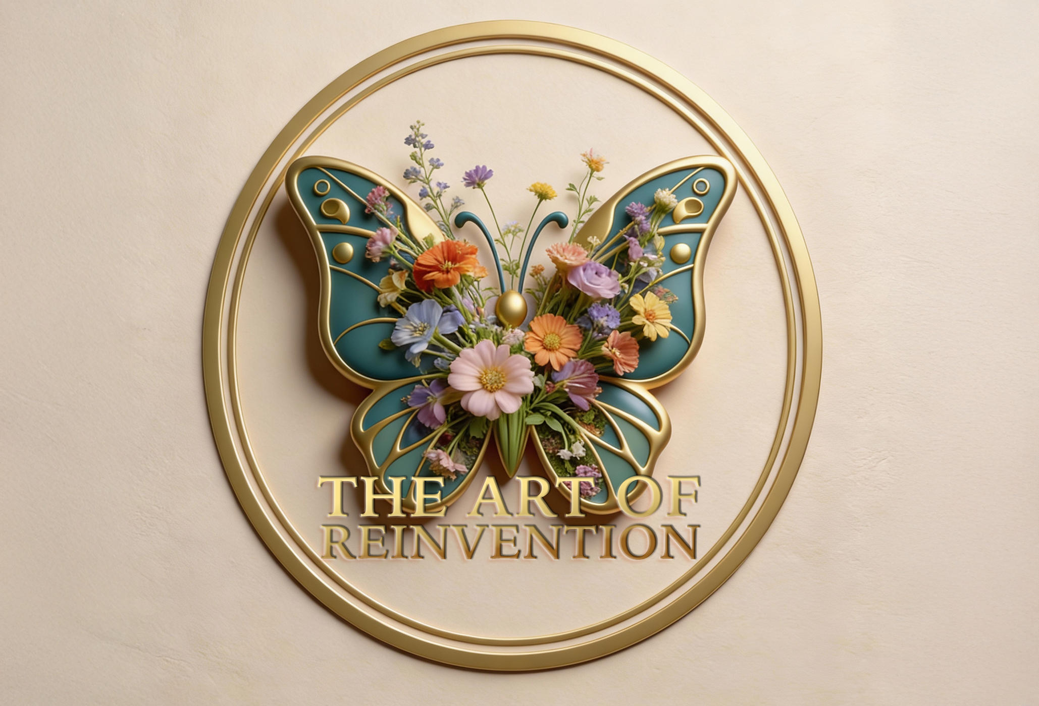 Decorative sign featuring a butterfly with flowers in its wings and the words "The Art of Reinvention" below.