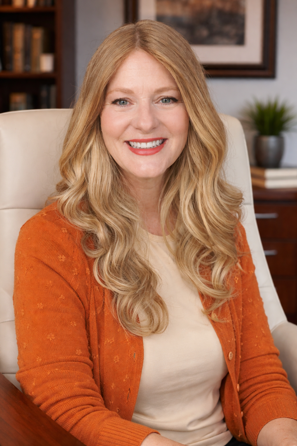 A smiling woman with long blonde hair wearing an orange cardigan over a cream top, sitting in a beige chair in a cozy room with bookshelves and a potted plant in the background.