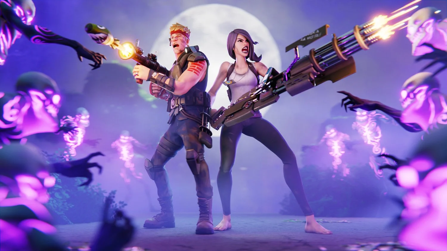 Two animated characters, a man and a woman, stand back-to-back with weapons, surrounded by zombie-like creatures with glowing purple eyes in a spooky forest with a full moon in the background.