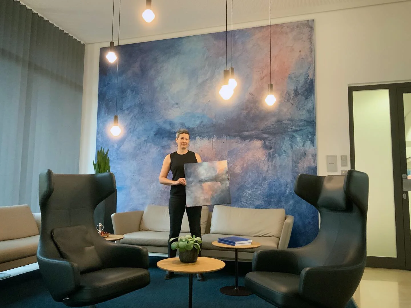  The original painting is 50x50cm (approx 20inx20in). The enlargement for the installation is around 10ft wide x 12ft high. 