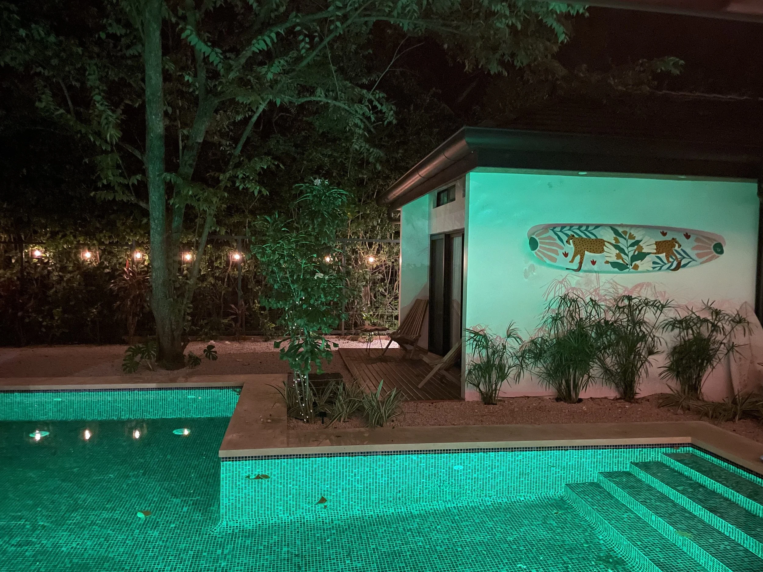 The saltwater pool is equipped with LED lights in multiple colors to make evening swims extra fun.