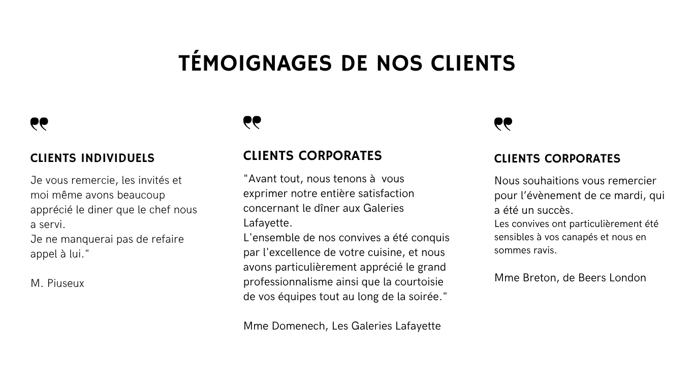 Témoignages de clients avec des citations de clients individuels et corporatifs sur une page blanche