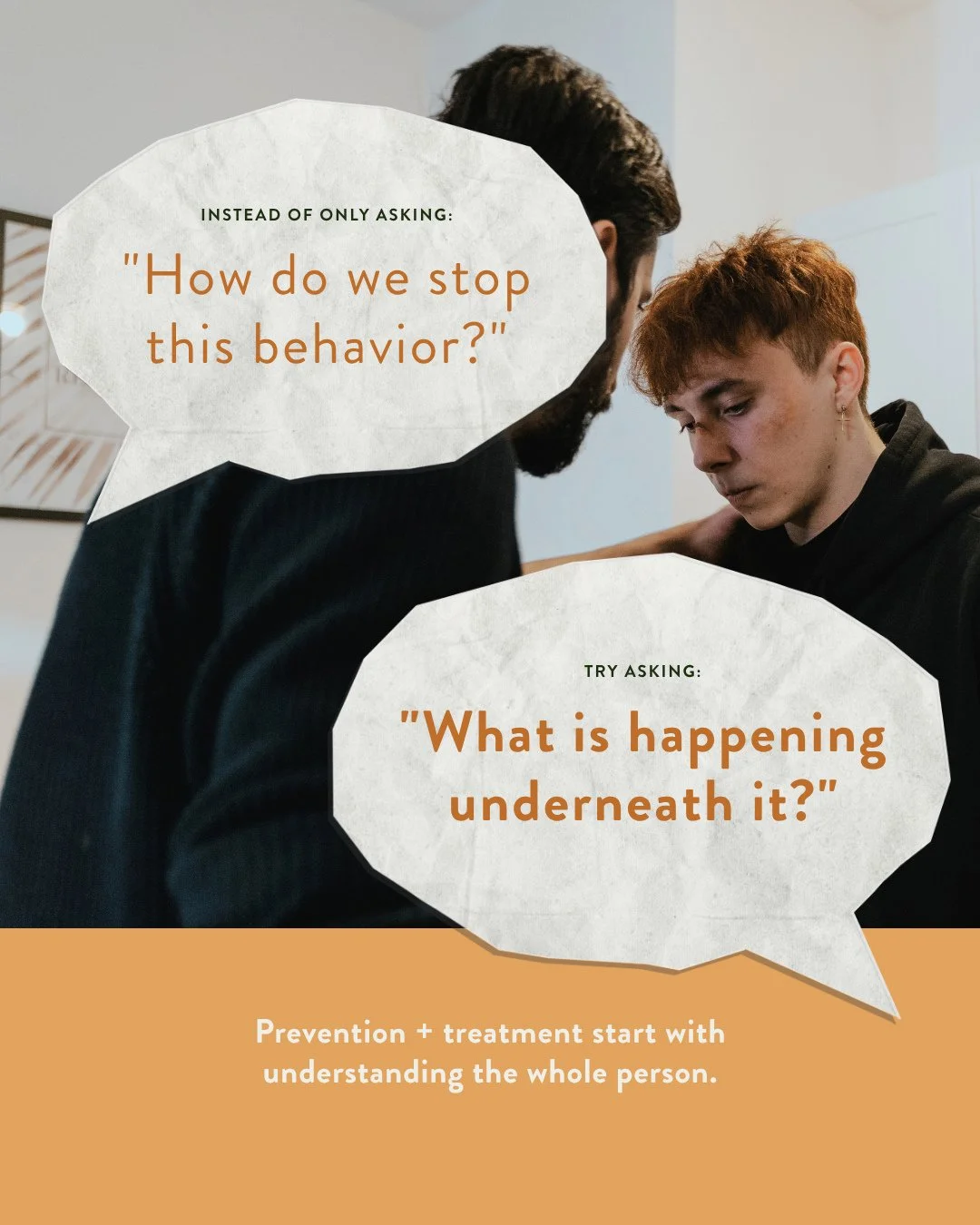 Consequences and boundaries can matter.⁠
⁠
But if we focus exclusively on stopping a behavior without understanding what's driving it, we may miss an important part of the picture.⁠
⁠
Is someone overwhelmed?⁠
⁠
Anxious?⁠
⁠
Depressed?⁠
⁠
Trying to bel