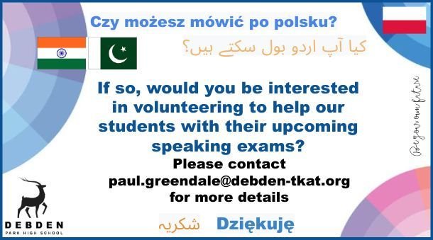 Would you be interested in volunteering to help our students with their upcoming speaking exams?⁠
⁠
If so, please contact paul.greendale@debden-tkat.org for details of how you can help.⁠
⁠
#BEsuccessful⁠
#BEproud⁠
#BEalinguist