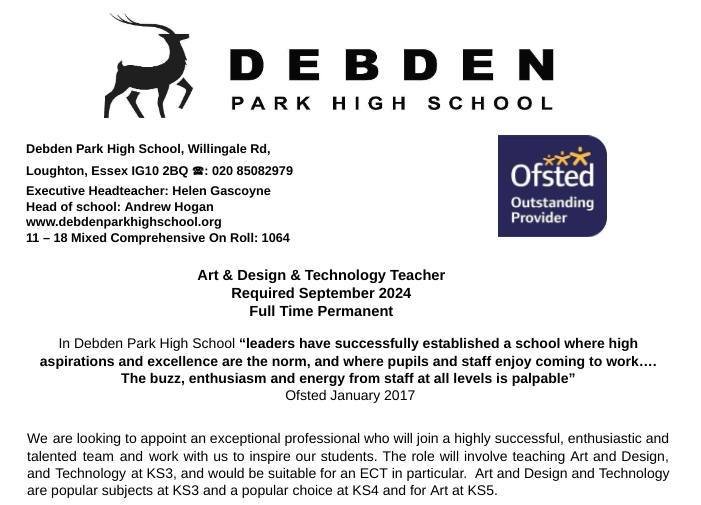 Interested in working in an outstanding school? ⁠
⁠
We are looking to appoint an Art &amp; Design &amp; Technology teacher for September 2024 start. This is a great opportunity, especially for an ECT. ⁠
⁠
If interested, please contact donna.james@deb