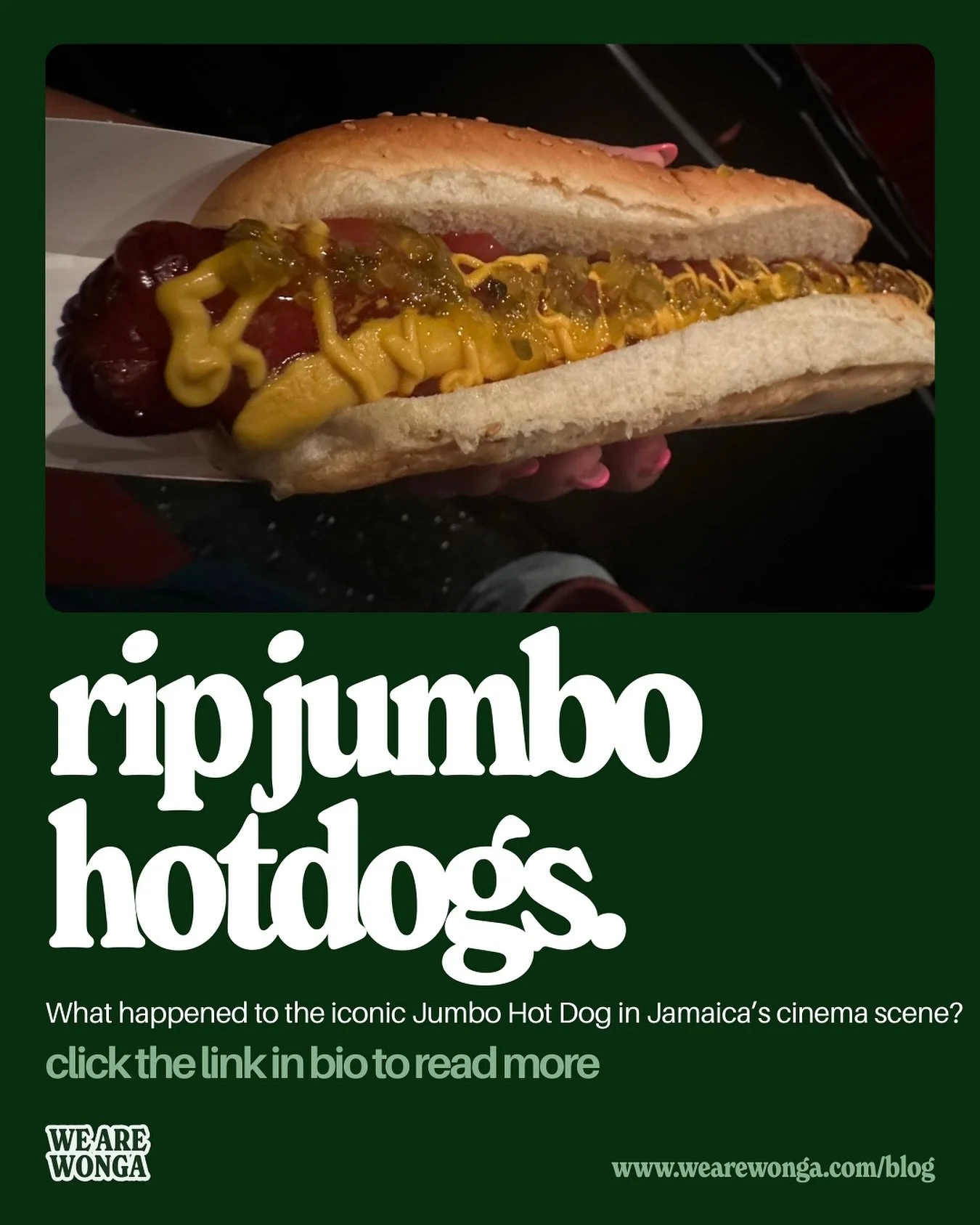 JUSTICE FOR JUMBO HOT DOGS by WongaGyal 🌭

An exposition on the disappearance of the Jamaican @palacemovies movie theatre icon &mdash; the jumbo hot dog &mdash; amidst a global hot dog revival. 

Click the link in the bio to read more! 🔗

Want to c