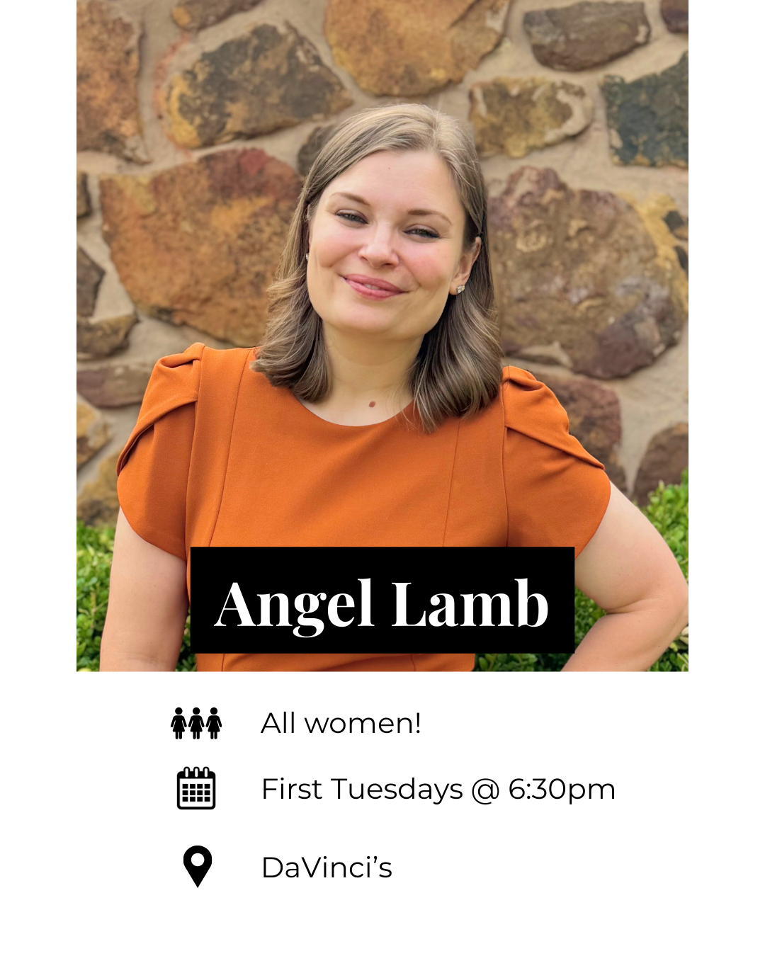 A woman with shoulder-length, light brown hair, smiling, standing outdoors in front of a stone wall, wearing an orange short-sleeved top.