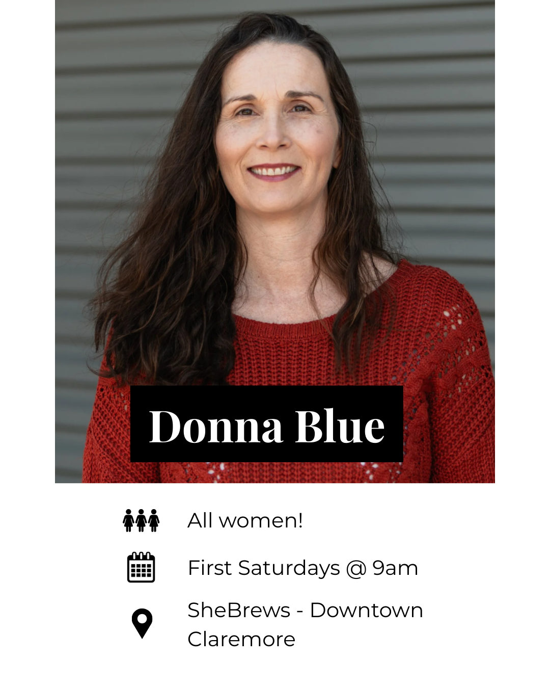 A woman with long brown hair and fair skin, smiling, wearing a red knit sweater, standing in front of a gray, horizontal ridged background.