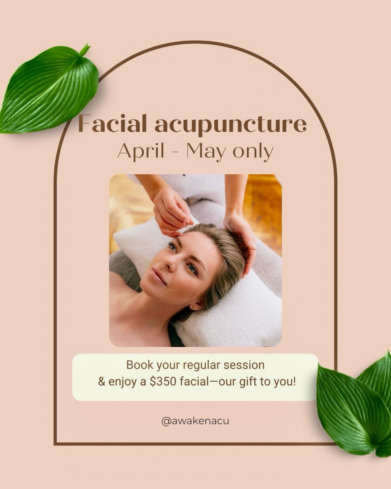 Facial acupuncture promotion &mdash; now starting!

Facial acupuncture is a natural treatment based on traditional Chinese medicine. It involves placing very thin needles into specific points on the face and body to:
&bull; Stimulate blood flow and c