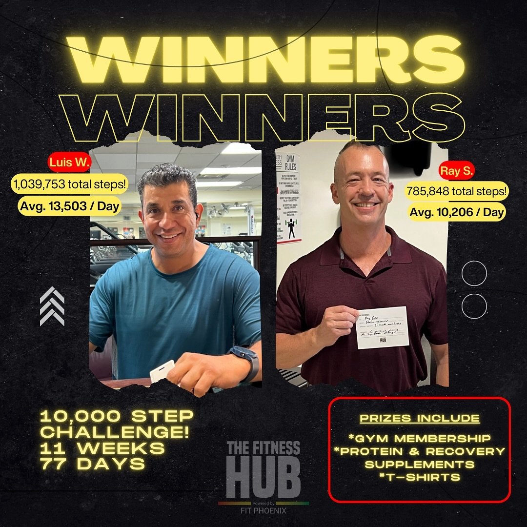 🏆 Congrats to our 10,000 Step Challenge Winners! 🏆

Shoutout to Luis W. and Ray S. for crushing! These champions have walked their way to better health and amazing prizes, including gym memberships, protein &amp; recovery supplements, and T-shirts!