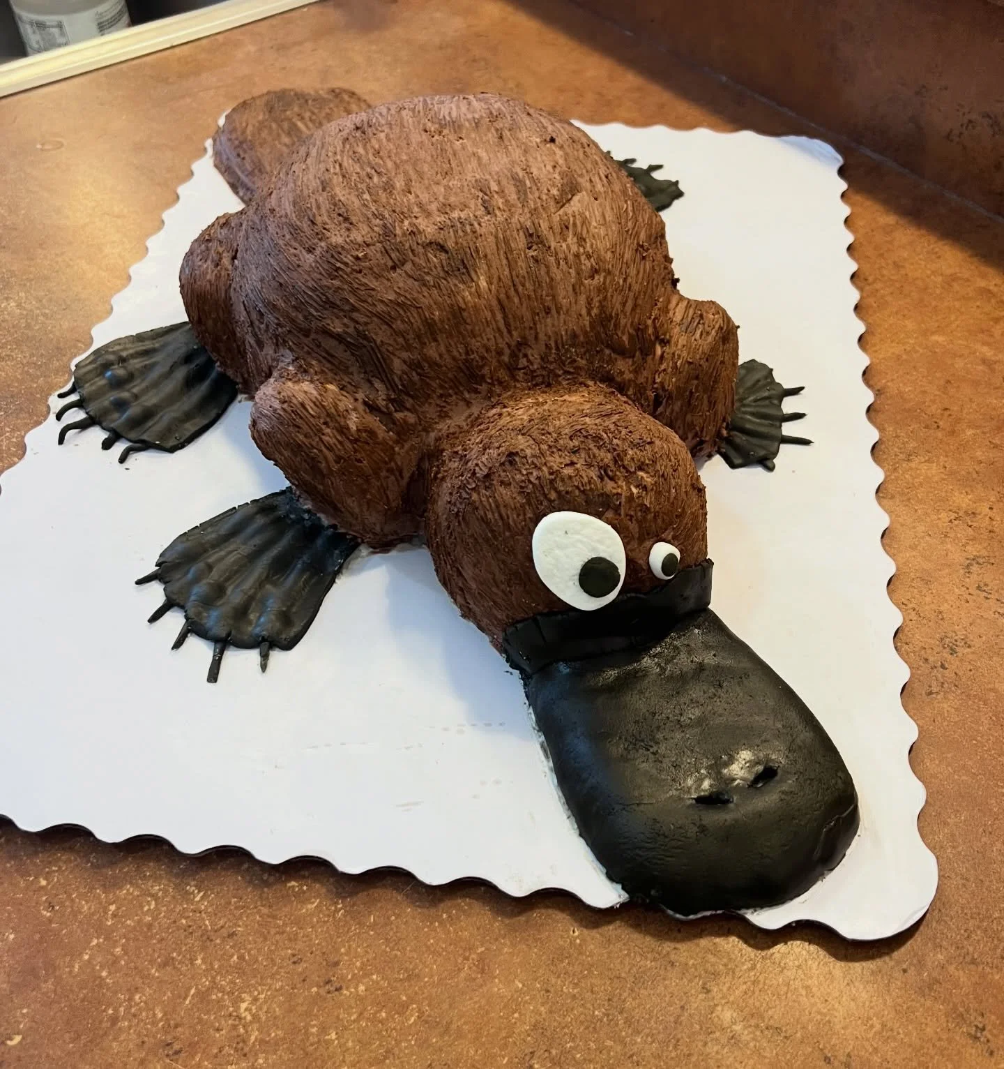When your husband asks for a platypus cake, you better make a platypus cake! Eyes are a tribute to Chads artistry&hellip; #iykyk . First animal cake, and I love him!! Happy Birthday Chad ✨
.
.
.
#platypuscake #vegancake #veganbirthdaycake #characterc